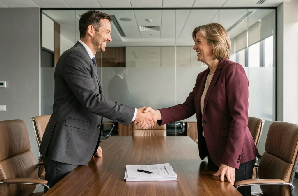 Deux professionnels se serrant la main après la signature d'un contrat de prestation de service en salle de réunion