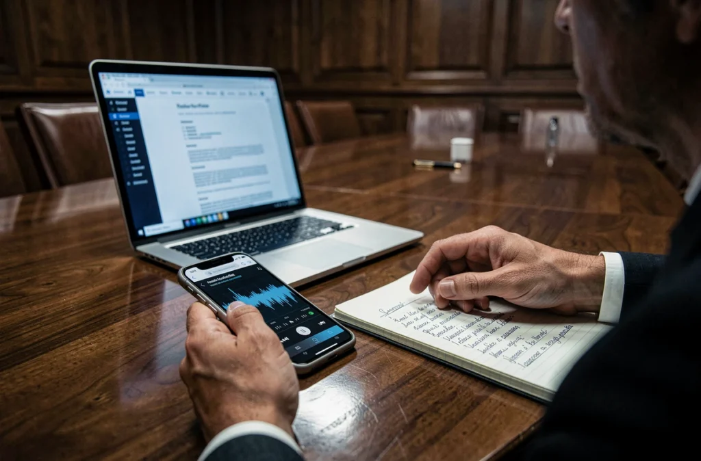 Mains d'un professionnel près d'un smartphone affichant une application d'enregistrement audio en réunion, illustrant la réglementation légale au travail