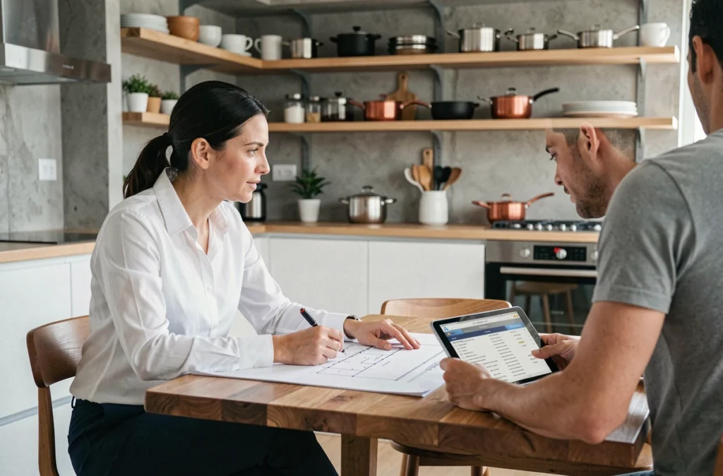 Responsable de chantier et propriétaire examinant ensemble les plans d'une rénovation autour d'une table, symbole du suivi personnalisé pour transformer un client en ambassadeur