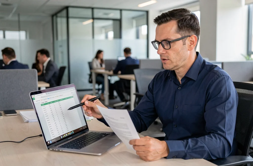 Homme en bureau vérifiant ses droits aux heures de travail à temps partiel sur un ordinateur portable et contrat imprimé