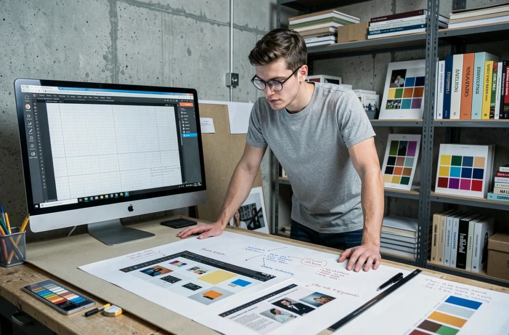 Designer graphique du 56K Studio travaillant sur une maquette d'interface utilisateur dans un studio créatif industriel