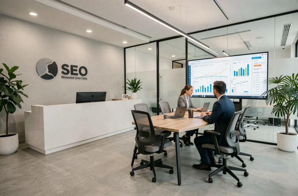 Agence ARETA spécialisée en SEO, bureau moderne avec équipe consultant des résultats de référencement