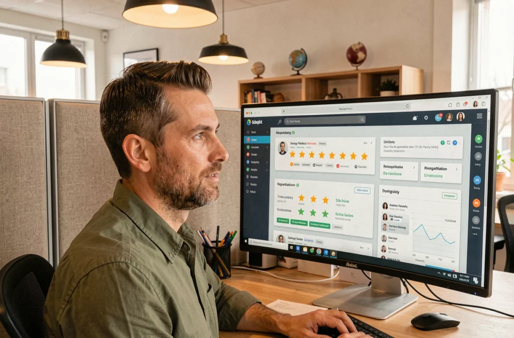 Analyste en réputation digitale de Globe Reviews surveillant des avis clients et des indicateurs de notoriété en ligne dans un espace coworking