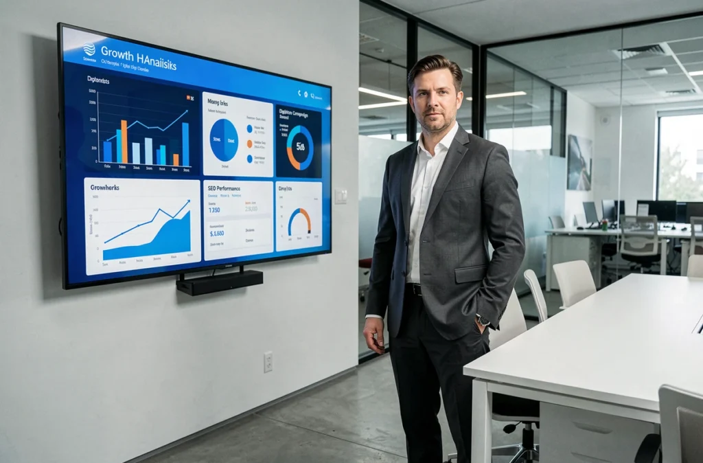 Stratège en marketing digital d'Impakte Digital présentant des tableaux de bord de performance SEO dans une salle de réunion moderne