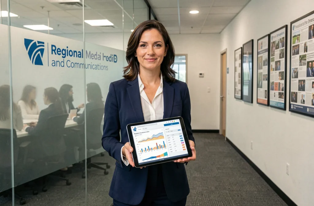 Stratège digitale de NRJ Global Régions analysant des données d'audience sur une tablette dans un bureau de communication