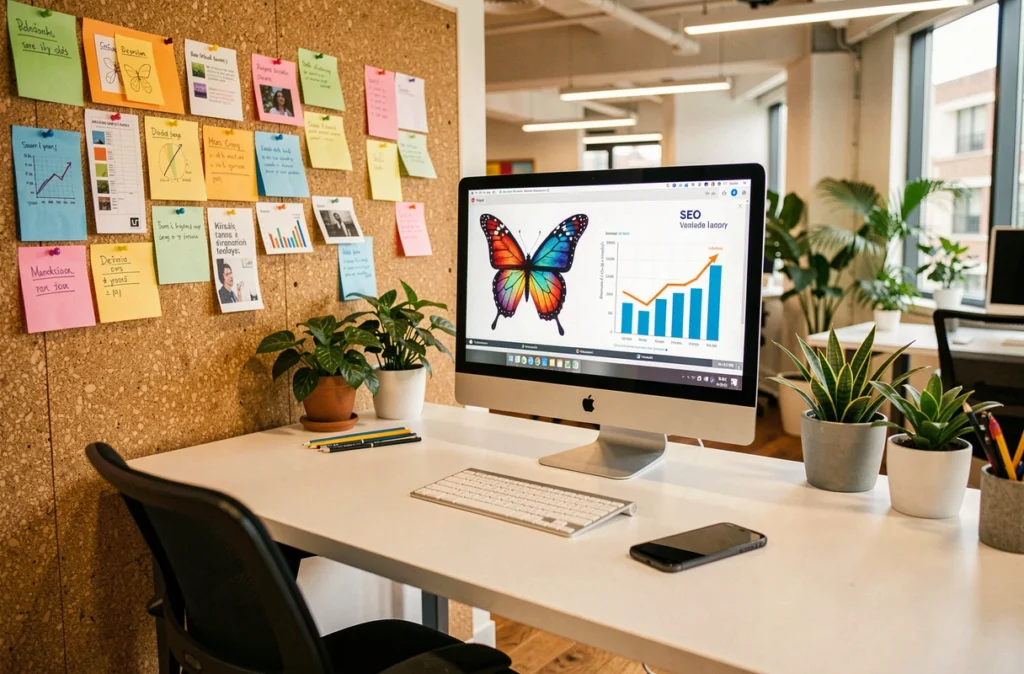 Agence Objectif Papillon, studio créatif SEO en Occitanie avec environnement inspirant et données de croissance