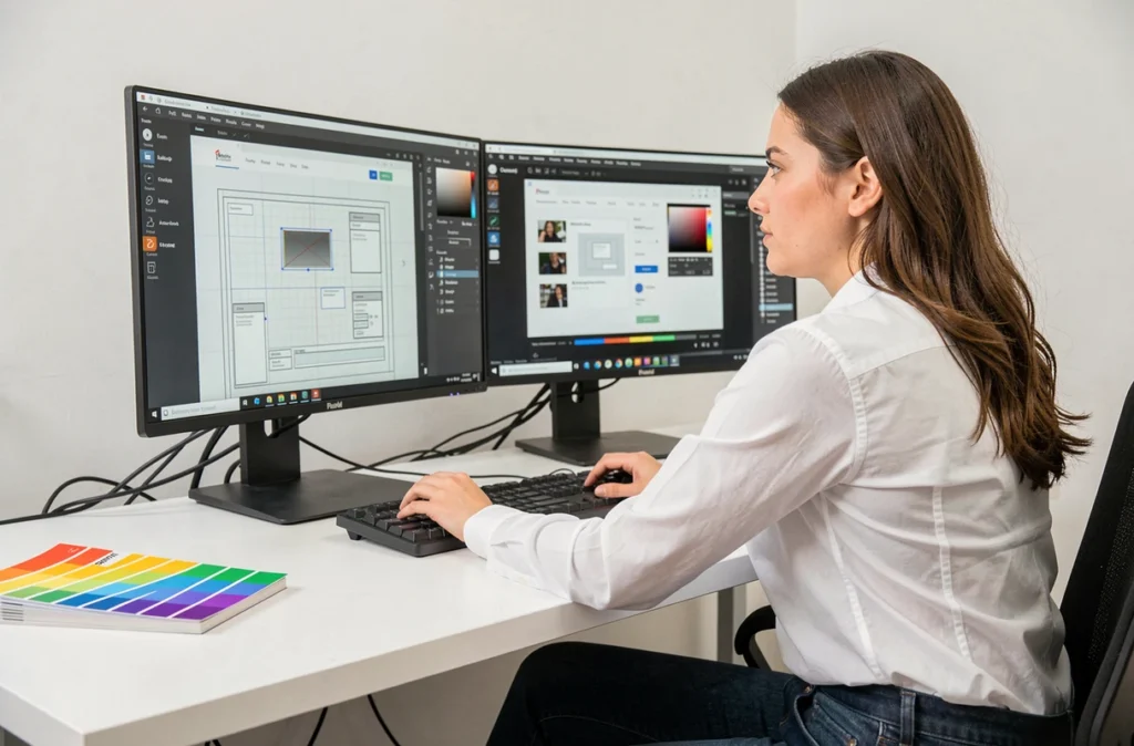Designer UX de Pixel Perfect travaillant sur un prototype de site web avec des outils de calibration colorimétrique