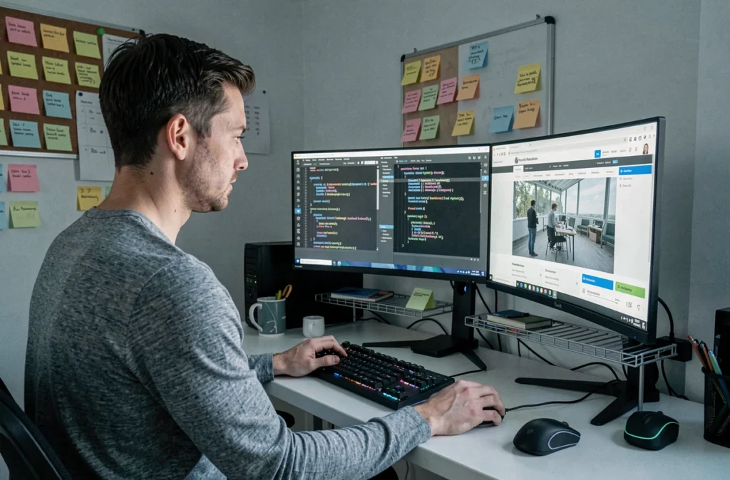 Développeur full-stack de Pragmea travaillant sur un environnement de développement web avec triple moniteur dans un espace de travail structuré