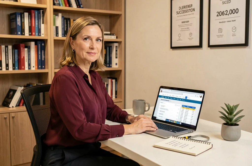 Consultante SEO de Première Page analysant des rapports de positionnement dans les moteurs de recherche depuis son bureau