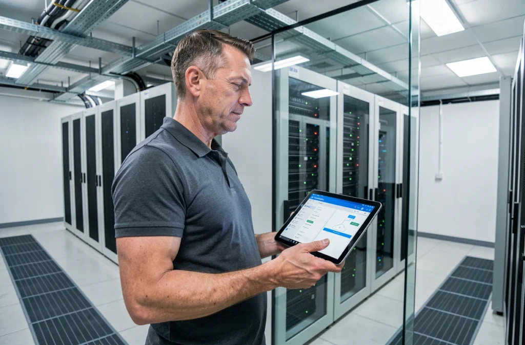 Consultant technologique de TechWise Solutions inspectant une infrastructure cloud dans une salle de serveurs professionnelle