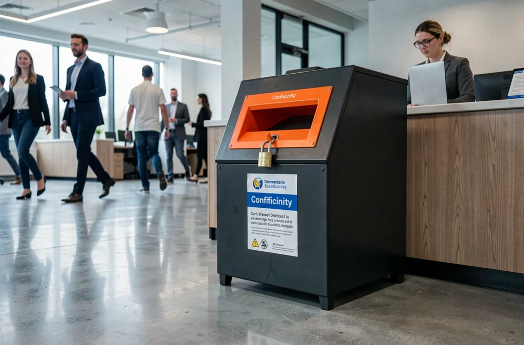 Bac sécurisé de collecte pour la destruction de documents confidentiels dans un hall de bureau d'entreprise