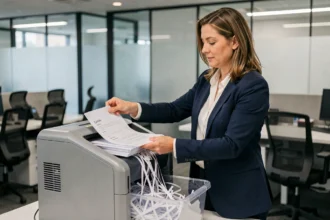 Femme professionnelle déchirant des documents confidentiels dans un destructeur de documents industriel dans un bureau moderne