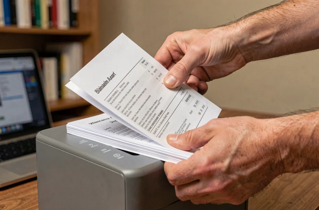 Gros plan de mains chargeant des documents financiers dans un destructeur de papier à coupe croisée à domicile