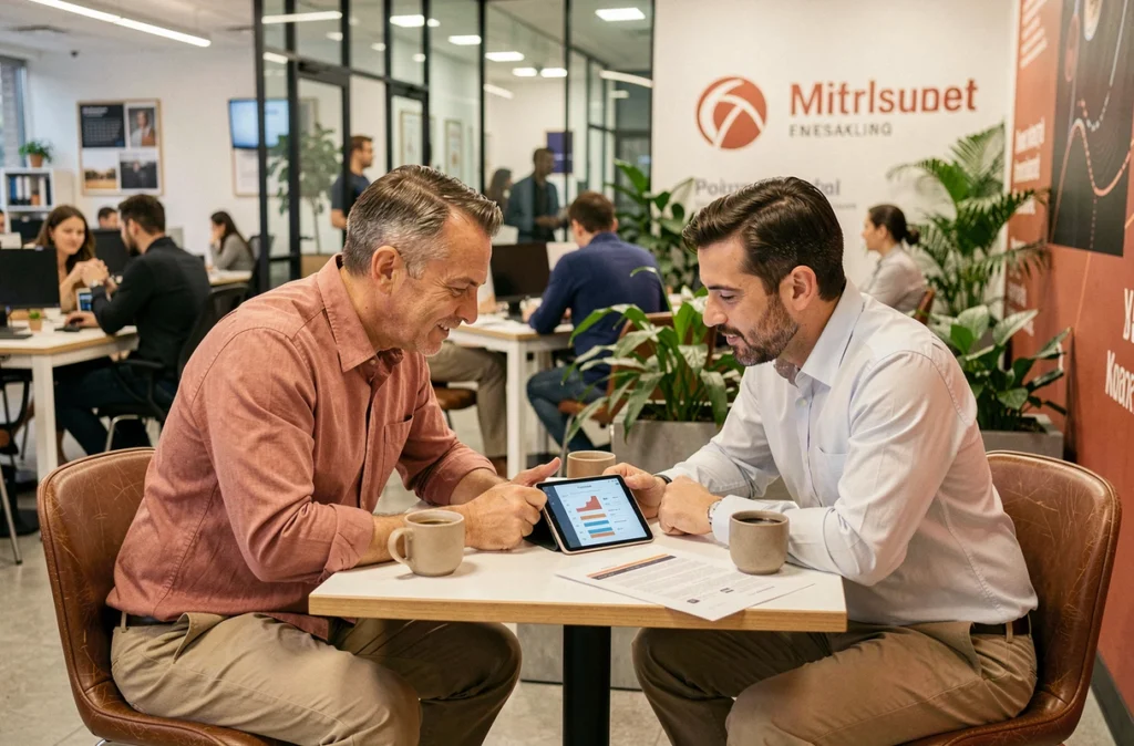 Deux entrepreneurs en discussion stratégique dans un espace de coworking, illustrant la création de liens au sein d'une communauté B2B