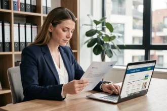 Femme en blazer marine analysant son CV imprimé devant un ordinateur portable affichant un portail emploi, dans un bureau à domicile moderne