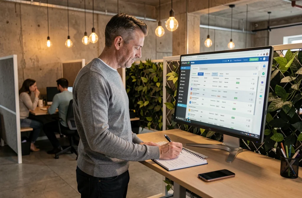 Homme debout dans un espace de coworking consultant une base de données de fiches métier ROME sur grand écran pour optimiser son CV