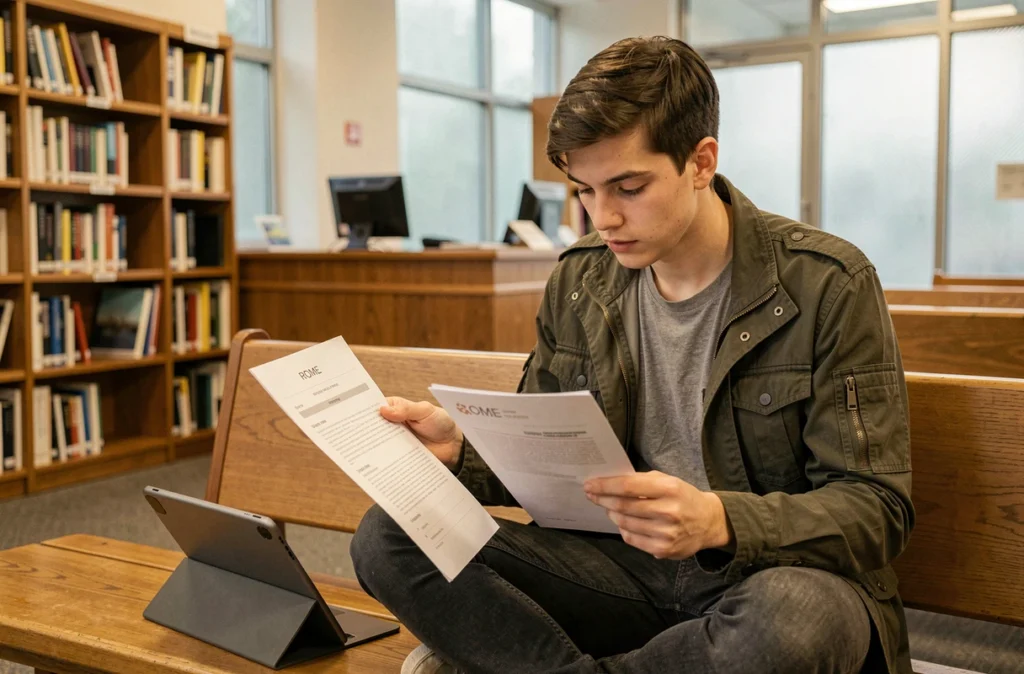 Jeune personne en bibliothèque comparant un brouillon de CV et une fiche métier ROME imprimée pour adapter sa candidature