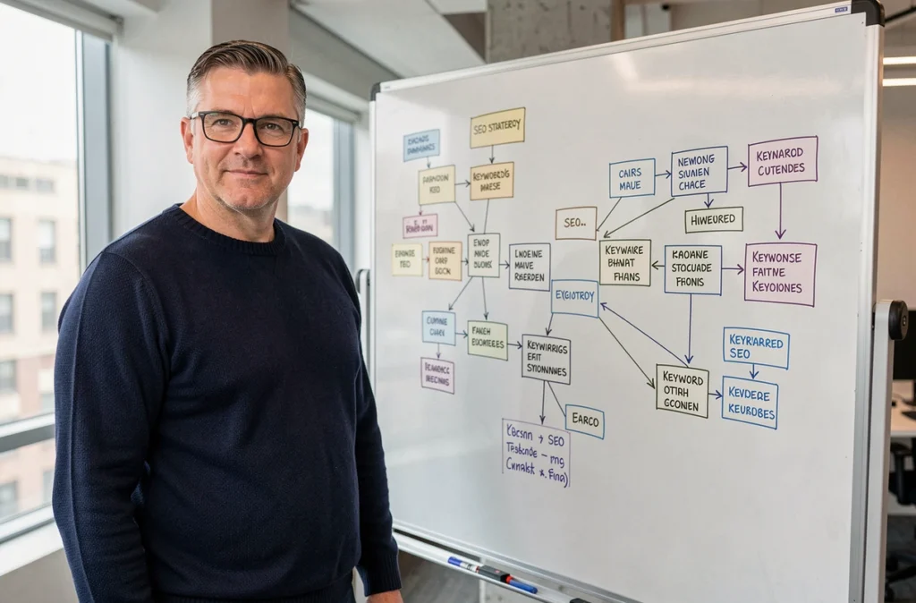 Laurent Giglio, expert SEO, présentant une stratégie de référencement naturel sur tableau blanc