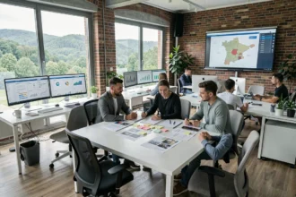 Bureau d'une agence web moderne dans les Vosges avec équipe travaillant sur des projets digitaux