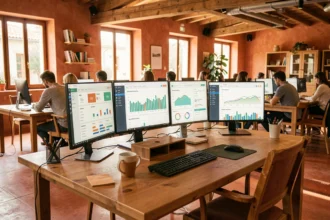 Espace de travail moderne dédié au SEO en Occitanie avec écrans affichant des tableaux de bord analytiques