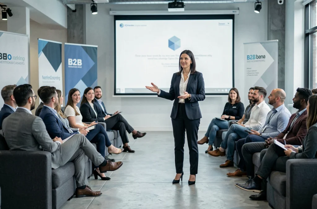 Femme professionnelle présentant une stratégie de communauté B2B lors d'un événement de networking devant un auditoire attentif
