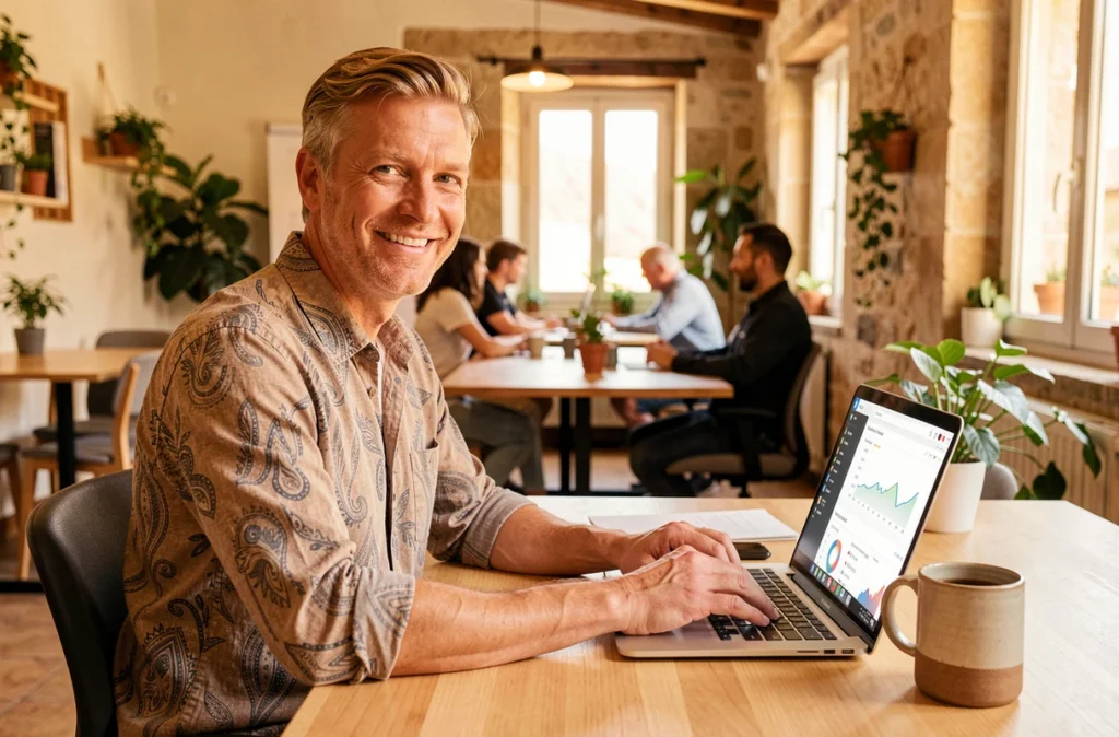 Ravi Horner, consultant SEO freelance, travaillant dans un espace de co-working en Occitanie