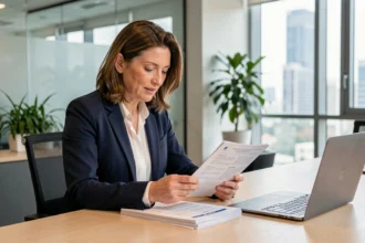 Responsable de conformité RH examinant des dossiers de candidats dans une agence de staffing compliance