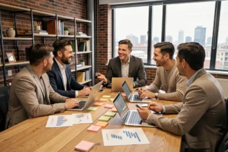 Groupe de professionnels en réunion collaborative autour d'une table pour construire une communauté B2B génératrice de chiffre d'affaires