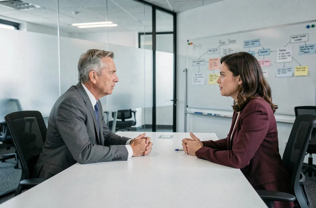 Deux experts RH en réunion d'évaluation de profils dans une agence de staffing spécialisée en conformité