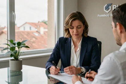 Consultante en recrutement dans un cabinet professionnel à Toulouse, en entretien avec un candidat dans un bureau moderne