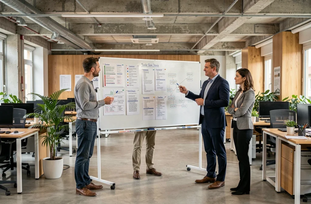 Équipe d'un cabinet de recrutement en Haute-Garonne collaborant autour d'un tableau de candidatures dans un espace de travail moderne